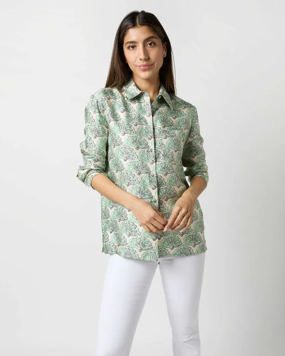 Boy Shirt In Mint Fans Silk Twill